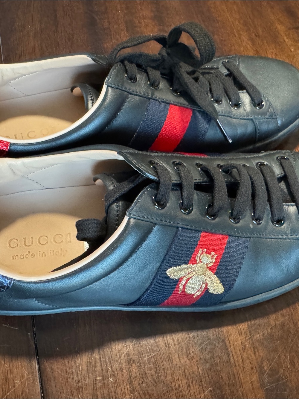 Gucci Black Leather Ace Sneaker with Red & Blue Stripe and Gold Bee